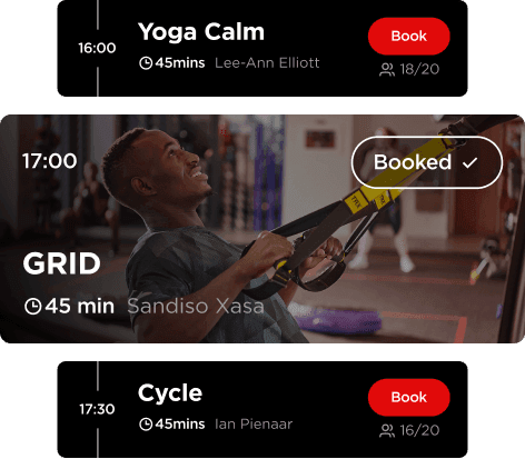 A view of Yoga Calm classes, GRID classes, and Cycle classes as options that can be booked on the Virgin Active app.